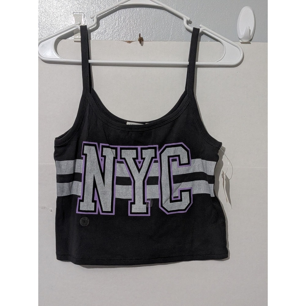 Aeropostale Womens NYC Graphic Cropped Cami Tank Top Black Purple Silver Large